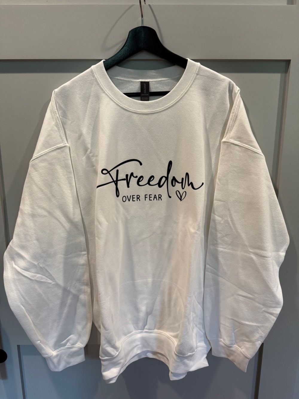 White Crewneck Sweatshirt "Freedom Over Fear" with Black Script DTF